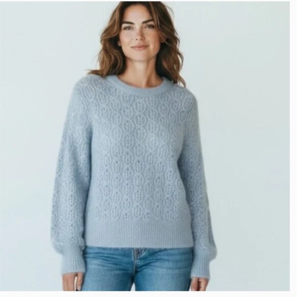 J. Crew Balloon Sleeve Blue Alpaca Blend Open Knit Sweater - Picture 1 of 11